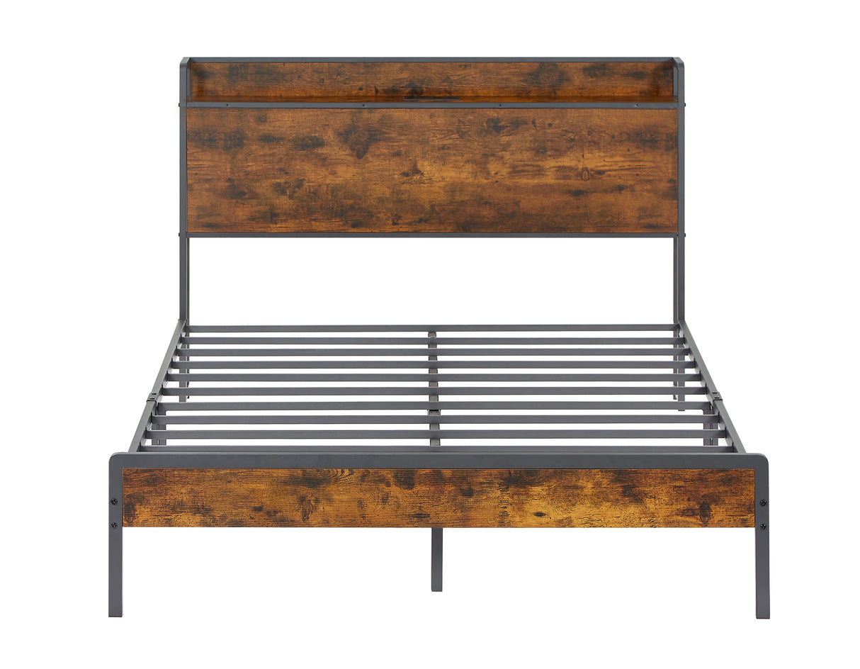 Bed frame with charging station full size, Rustic Brown, 83.1'' L x 56.1'' W x 39'' H - V.I.P Digital Presence