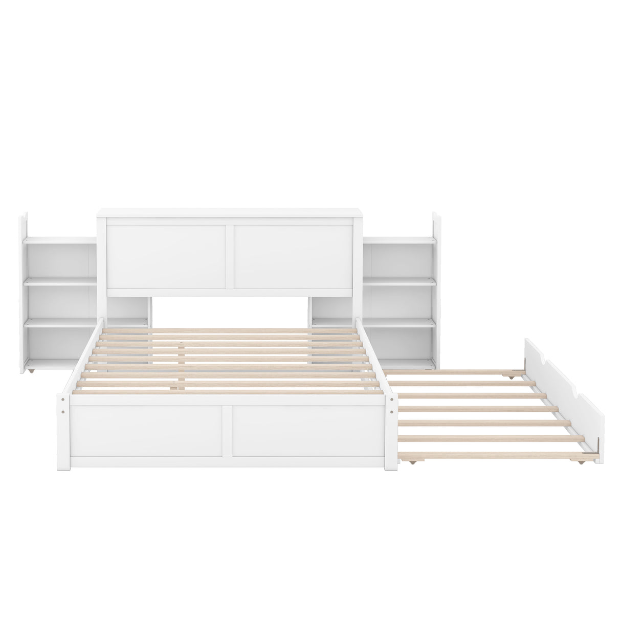 Queen Size Storage Platform Bed with Pull Out Shelves and Twin XL Size Trundle White