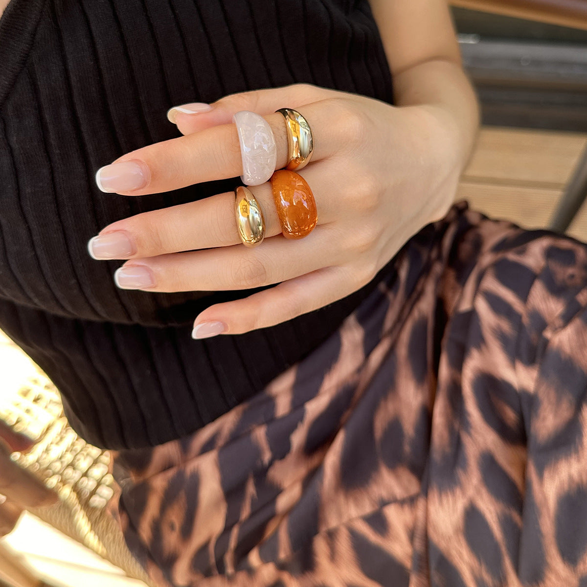 Ins style metal curved ring set retro geometric amber rings smooth surface - V.I.P Digital Presence