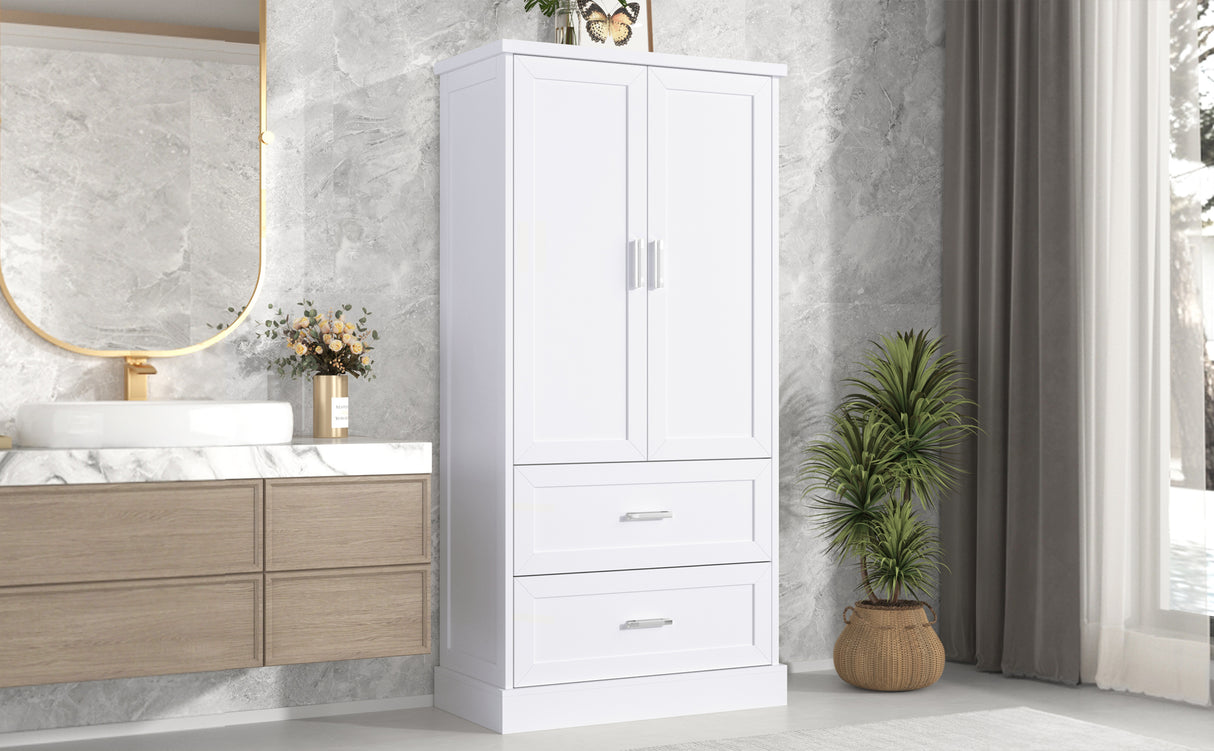 Tall Bathroom Storage Cabinet, Cabinet with Two Doors and Drawers, Adjustable Shelf, MDF Board, White - V.I.P Digital Presence