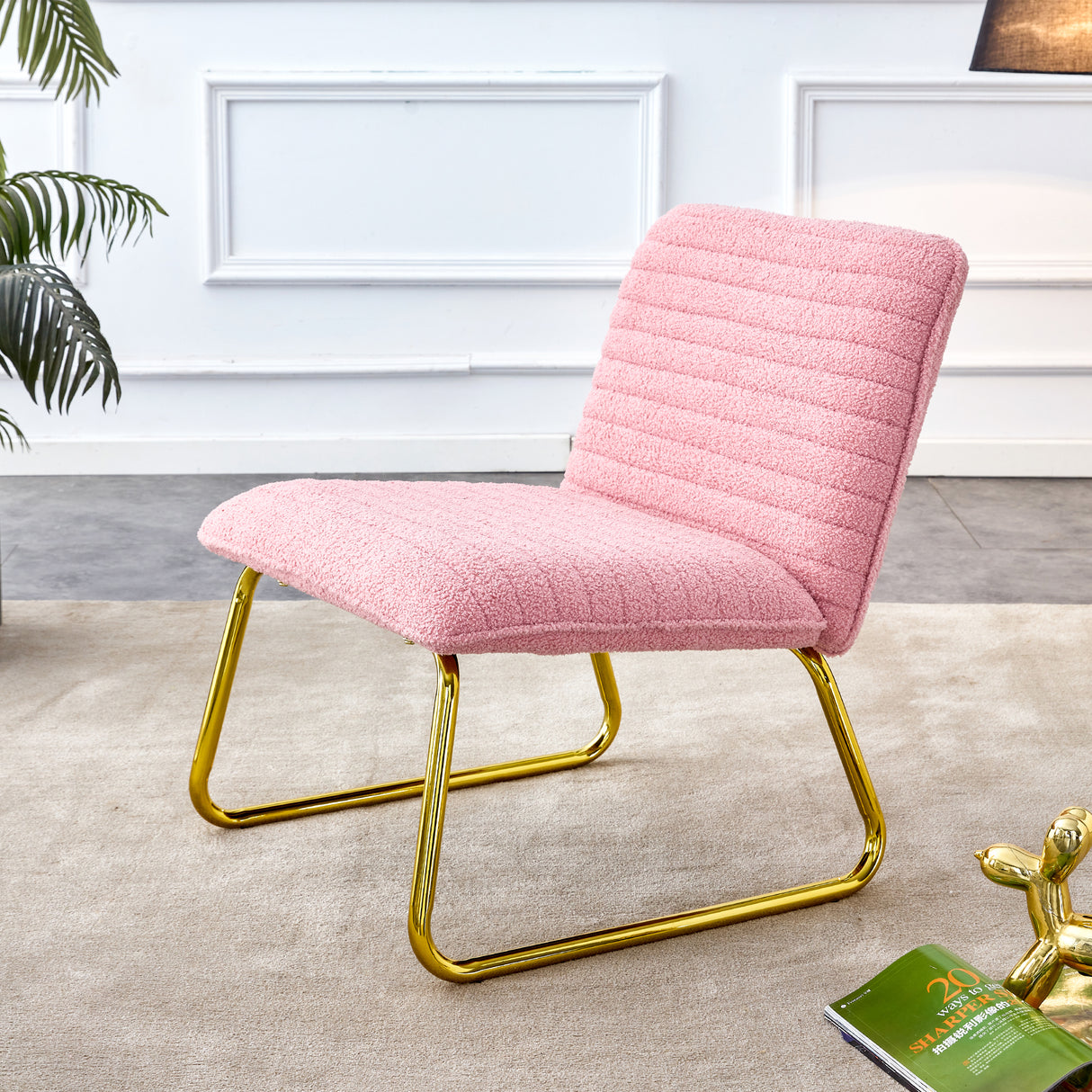 Modern minimalist pink plush fabric single person sofa chair with golden metal legs