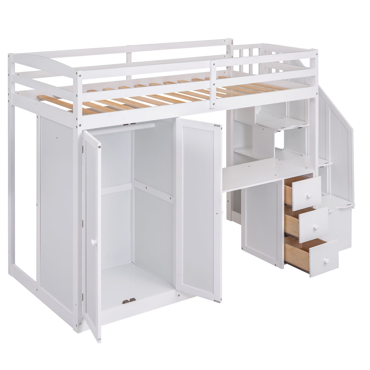 Twin Size Loft Bed with Wardrobe and Staircase, Desk and Storage Drawers and Cabinet in 1 White