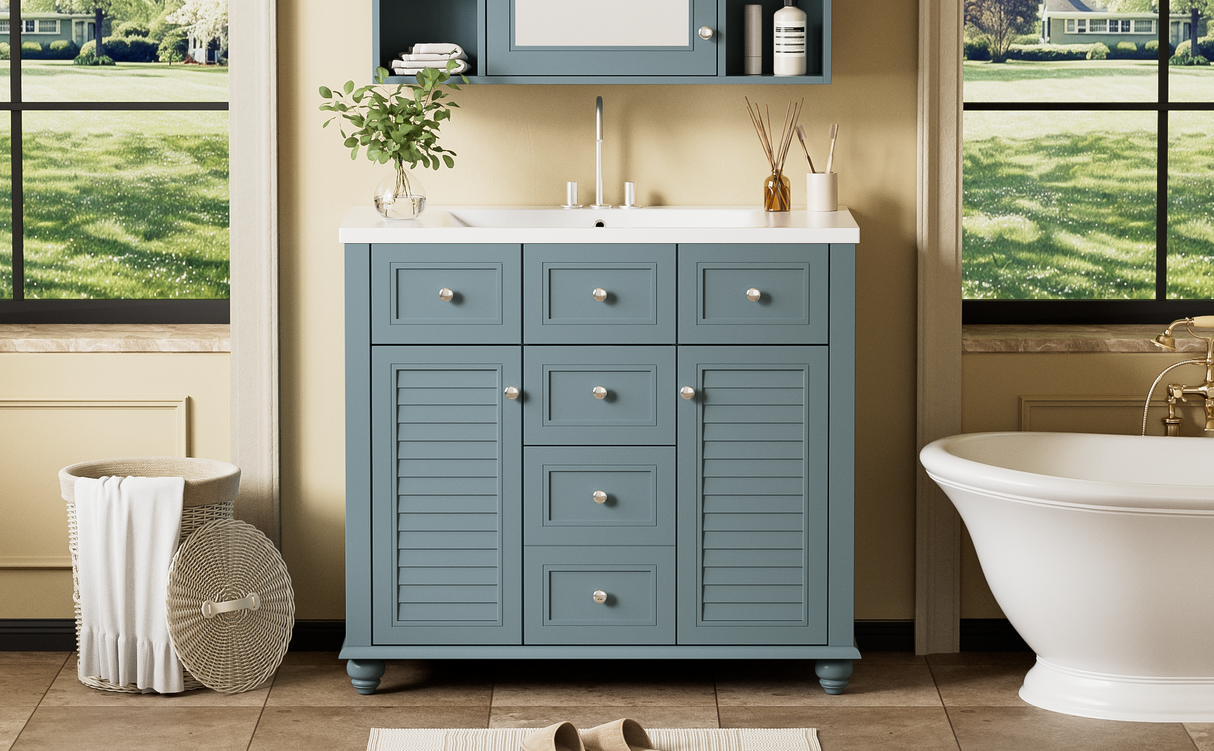36 "bathroom makeup cabinet with resin sink combination and 2 drawers, with soft closing door, blue color - V.I.P Digital Presence