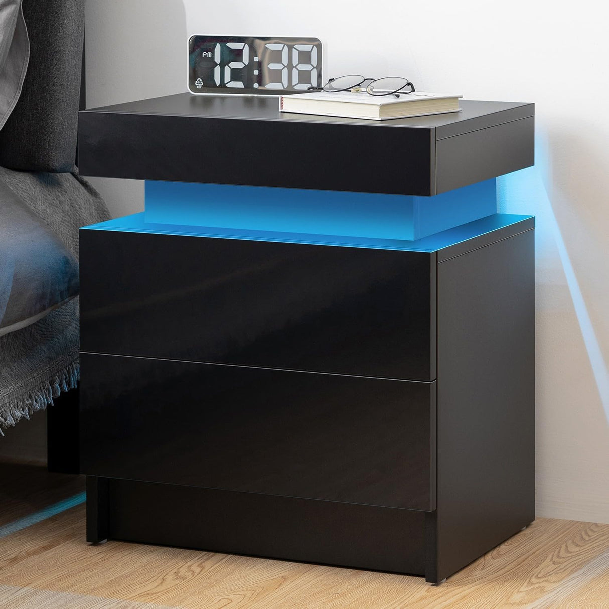 Modern Black LED Nightstand with Led Lights Bedside table with 2 High Gloss Drawers for Bedroom - V.I.P Digital Presence