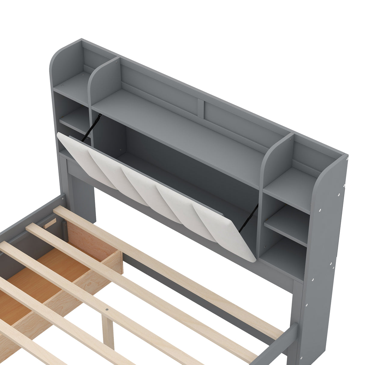 Wood Queen Size Platform Bed with Storage Headboard Shelves and 2 Drawers Gray