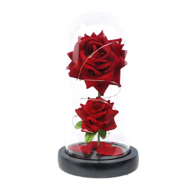 Christmas Valentine's Day Birthday Gift Two Roses Glass Cover Ornament LED Light Simulation Immortal Flower - V.I.P Digital Presence