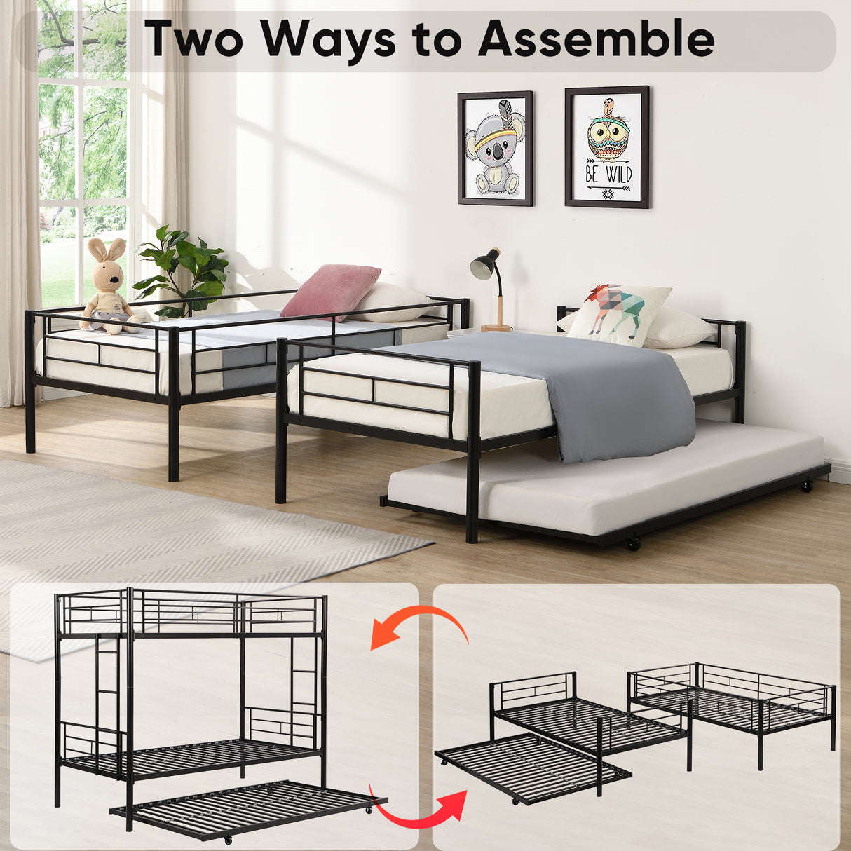 Twin bunk bed frame with trailer, metal bunk bed with sturdy guardrail and side ladder, can be divided into two beds, black - V.I.P Digital Presence