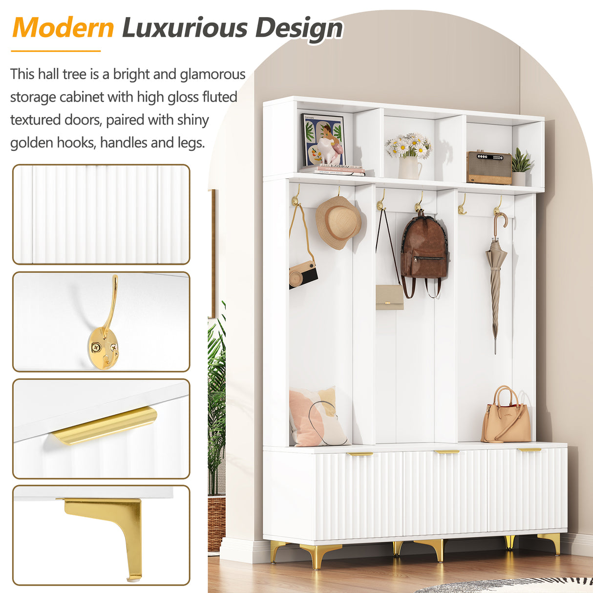 Large storage hall tree with bench, multifunctional storage platform, luxury clothes hanger equipped with 6 gold hooks - V.I.P Digital Presence