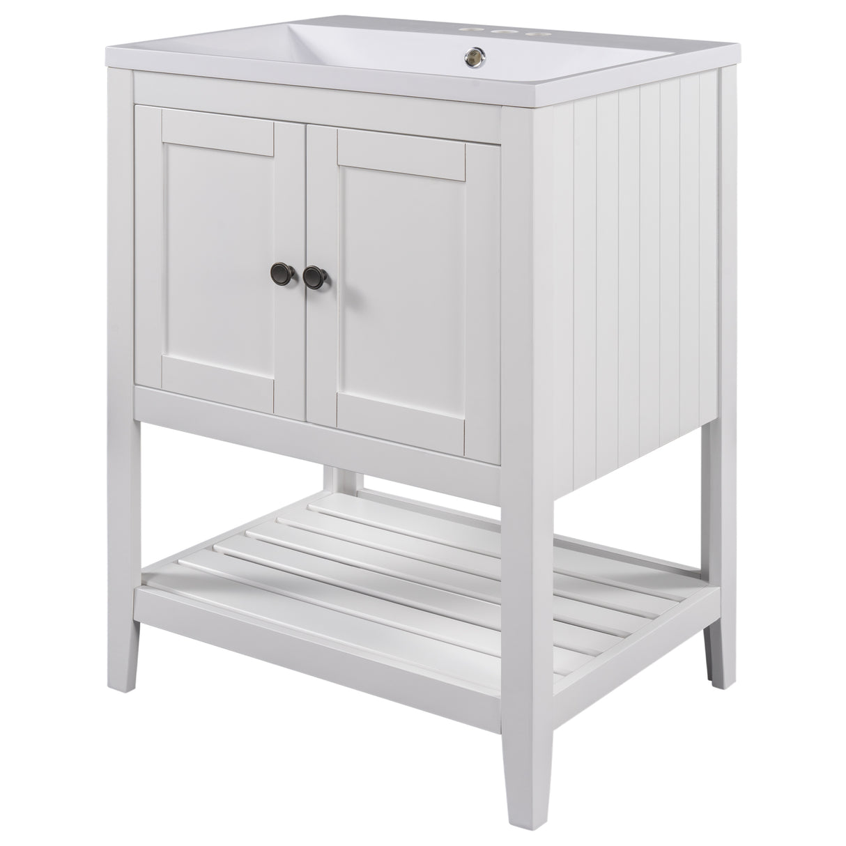 24" White Modern Sleek Bathroom Vanity Elegant Ceramic Sink with Solid Wood Frame Open Style Shelf - V.I.P Digital Presence