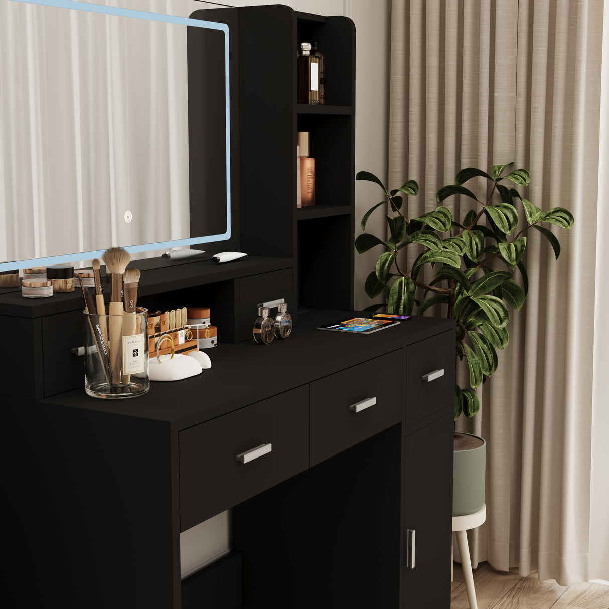 Smart mirror dressing table with drawers and storage cabinets