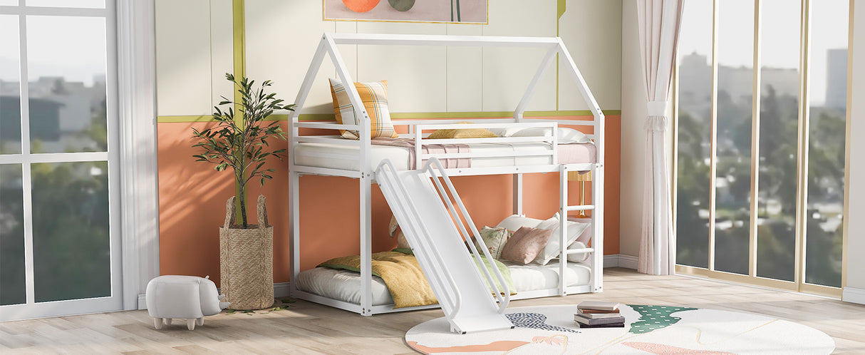 Twin over Twin House Bunk Bed with Ladder and Slide,White - V.I.P Digital Presence