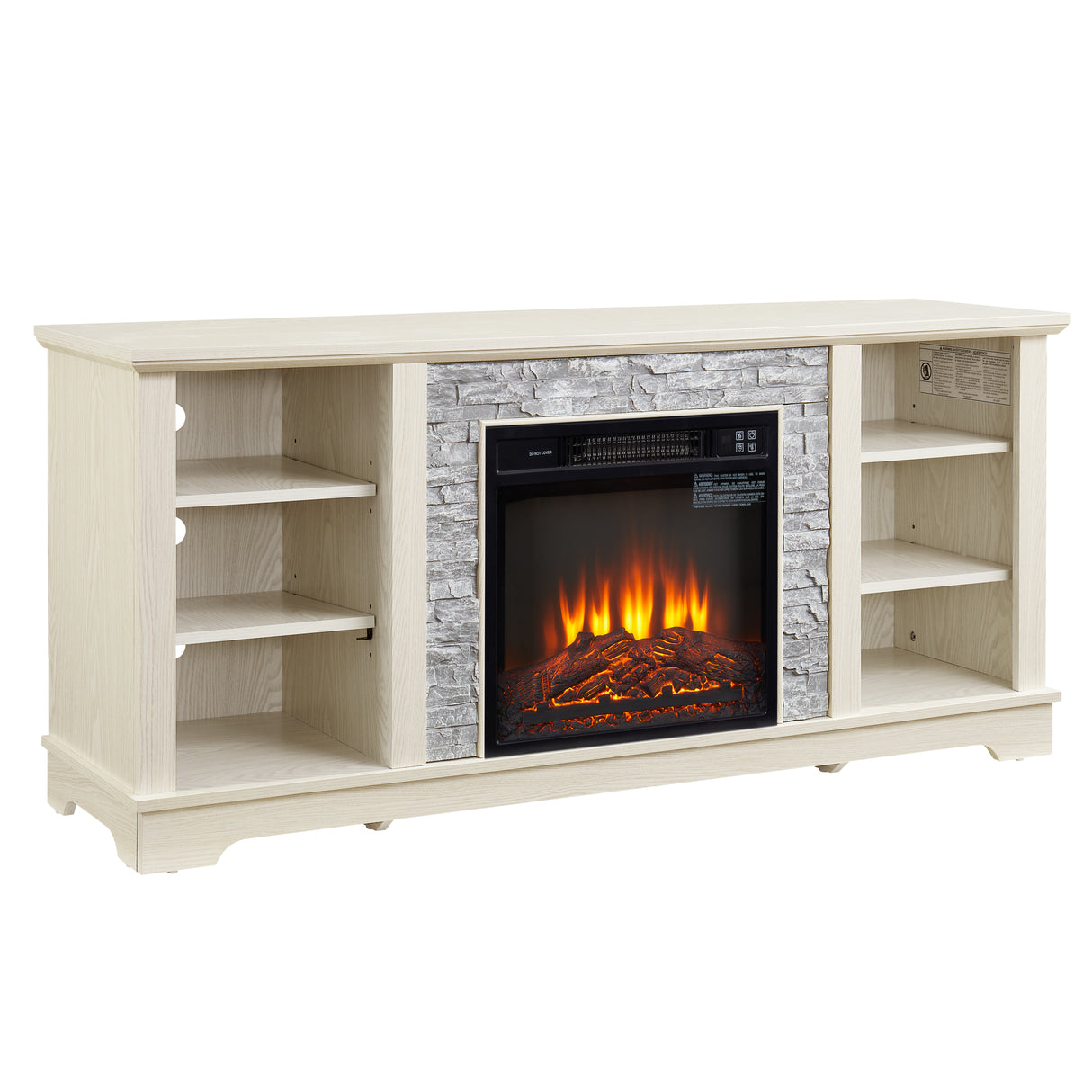 Mantel electric fireplace stone TV media stand, open storage console space, with 18 inch fireplace insert, white - V.I.P Digital Presence