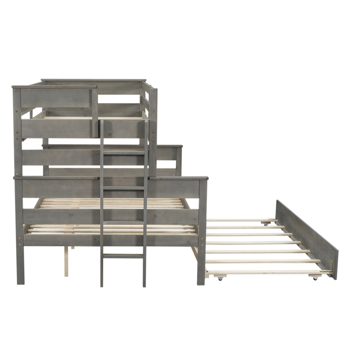 Wood Twin over Full Bunk Bed with Twin Size Trundle Gray