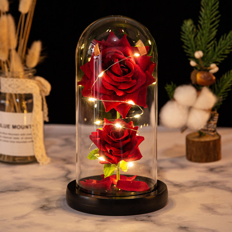 Christmas Valentine's Day Birthday Gift Two Roses Glass Cover Ornament LED Light Simulation Immortal Flower - V.I.P Digital Presence