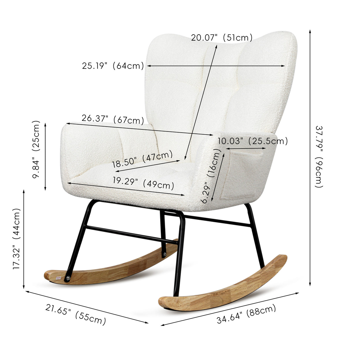 Teddy fabric rocking chair, cushioned rocking chair with high backrest, modern rocking chair, white - V.I.P Digital Presence