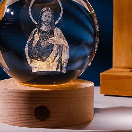 Luminous crystal ball with carved Jesus solid wood base for home decoration - V.I.P Digital Presence