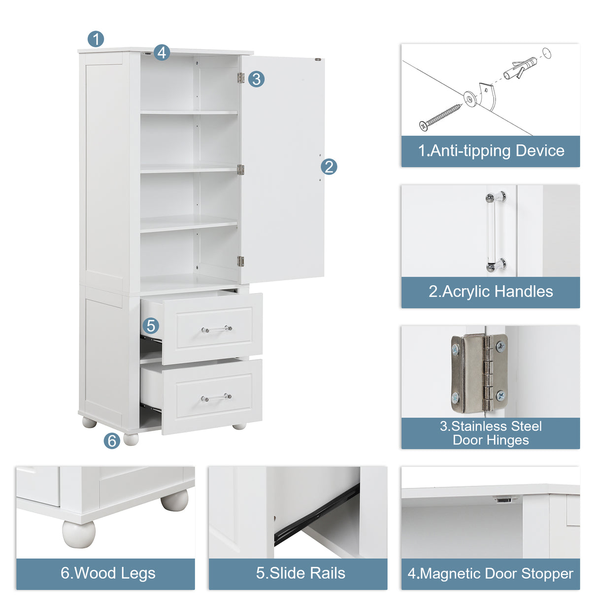 Tall bathroom storage cabinet with two drawers and adjustable shelves for independent storage - V.I.P Digital Presence