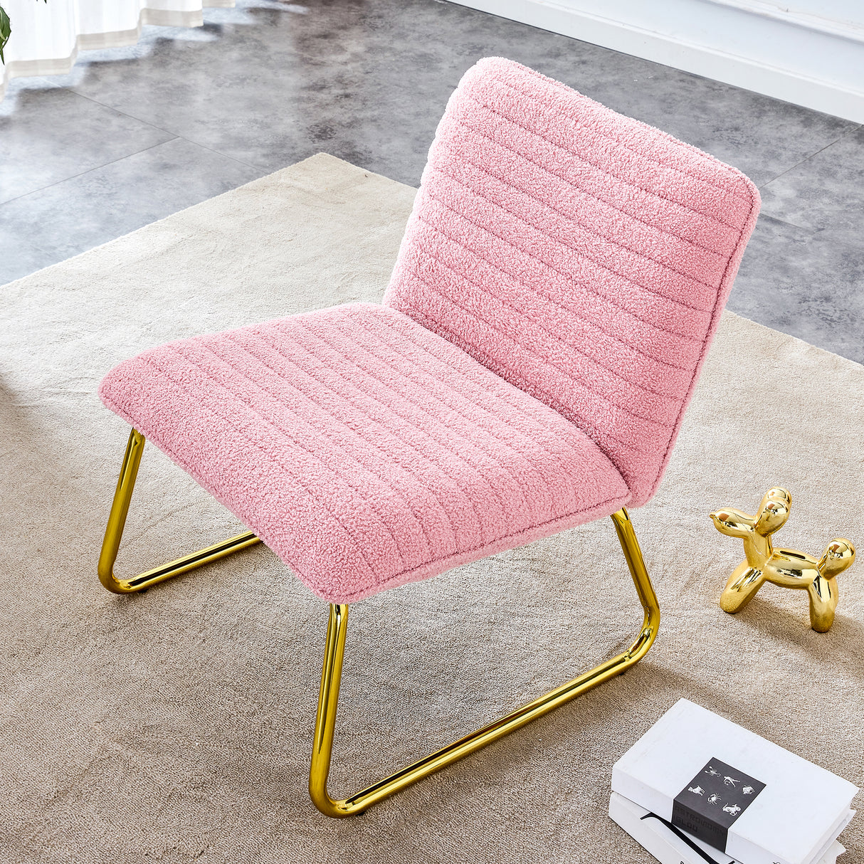 Modern minimalist pink plush fabric single person sofa chair with golden metal legs