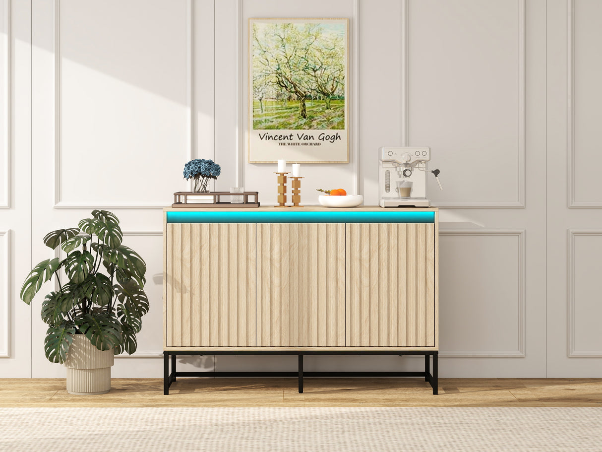 Engraved 3-door side panel with LED, self-service cabinet storage cabinet, modern coffee bar cabinet with adjustable shelf - V.I.P Digital Presence