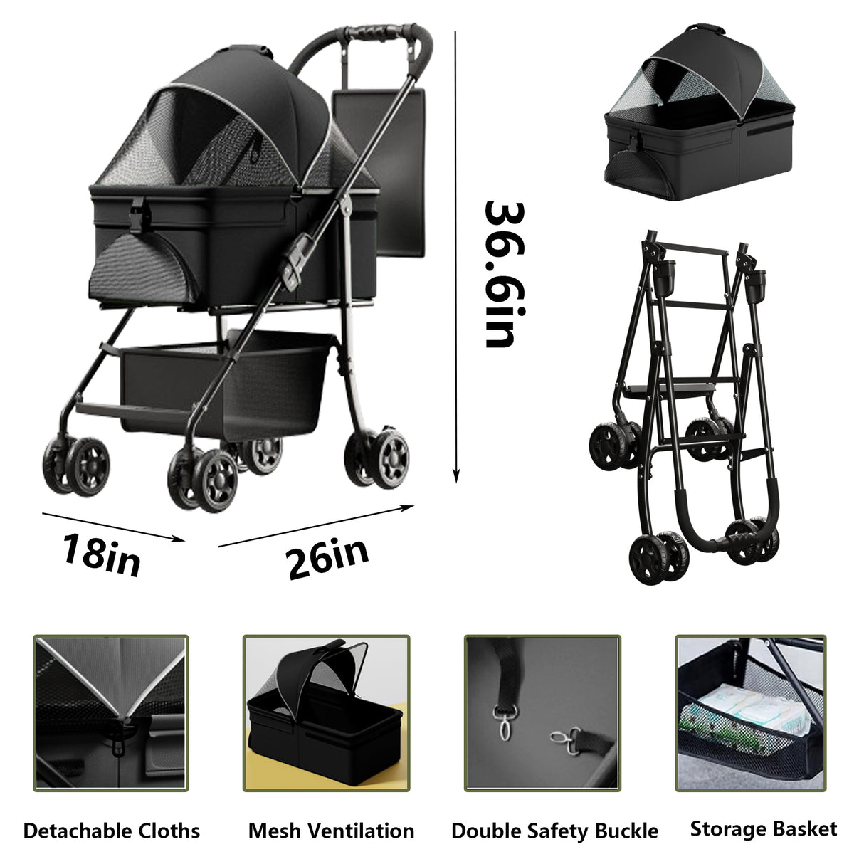 2-in-1 folding dog cart, pet folding cart, four-wheel dog/cat cart, waterproof pad, car seat, sun visor - V.I.P Digital Presence