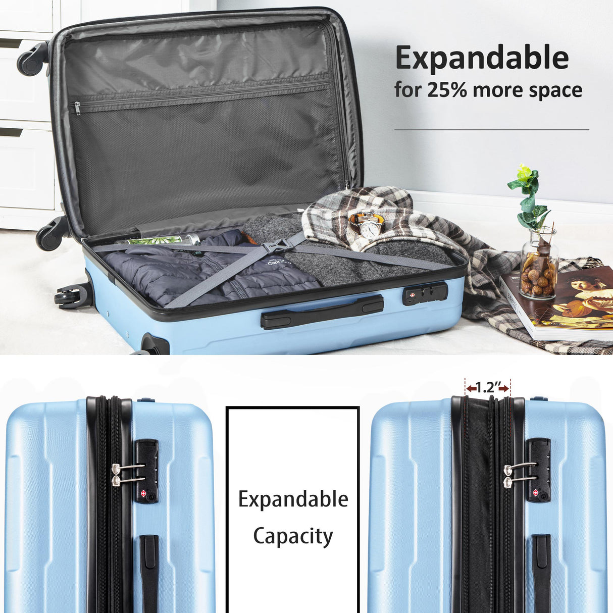 Expanable Spinner Wheel 2 Piece Luggage Set ABS Lightweight Suitcase with TSA Lock 20inch+28inch Light Blue + Plastic
