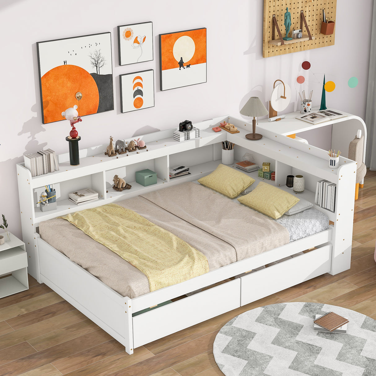 Full Bed with L-shaped Bookcases, Drawers ,White - V.I.P Digital Presence