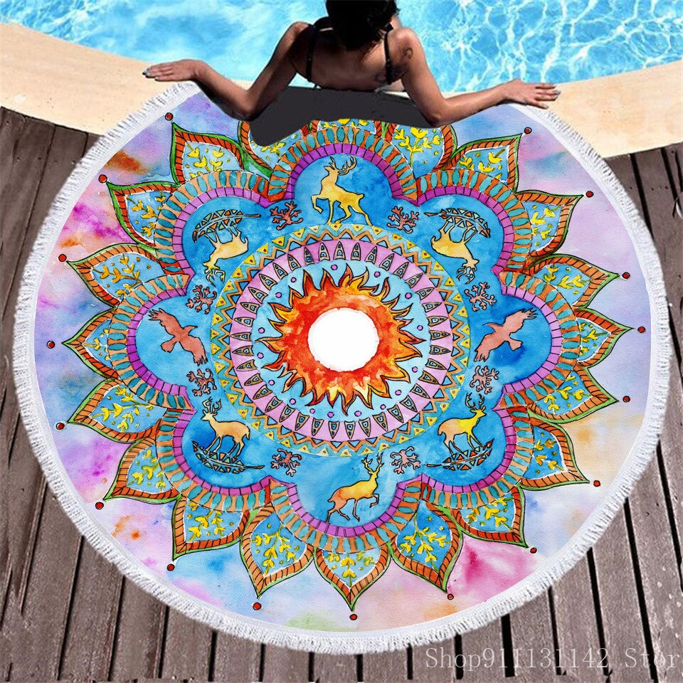3d Bohemian Tai Chi Animal Digital Print Round Ribbon Beach Towel Swimming Yoga Picnic Mat Bikini Covered Napkin