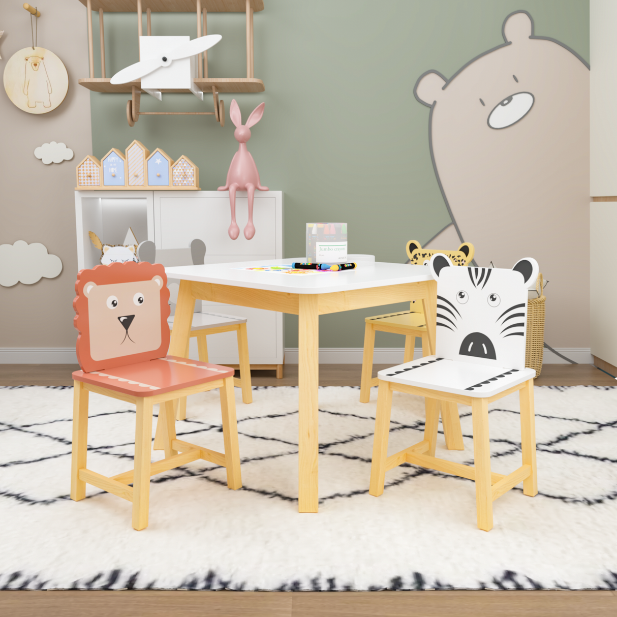 5 Piece Kiddy Table and Chair Set Kids Wood Table with 4 Chairs Set Cartoon Animals (bigger table) (3-8 years old) - V.I.P Digital Presence