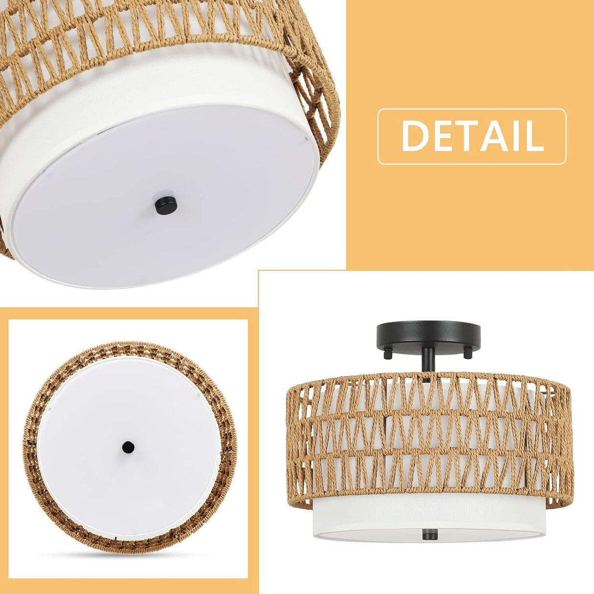 3-Light Semi Flush Mount Ceiling Light Fixture, Boho Rattan Light Fixtures Ceiling, Farmhouse Drum Light with Fabric Shade - V.I.P Digital Presence