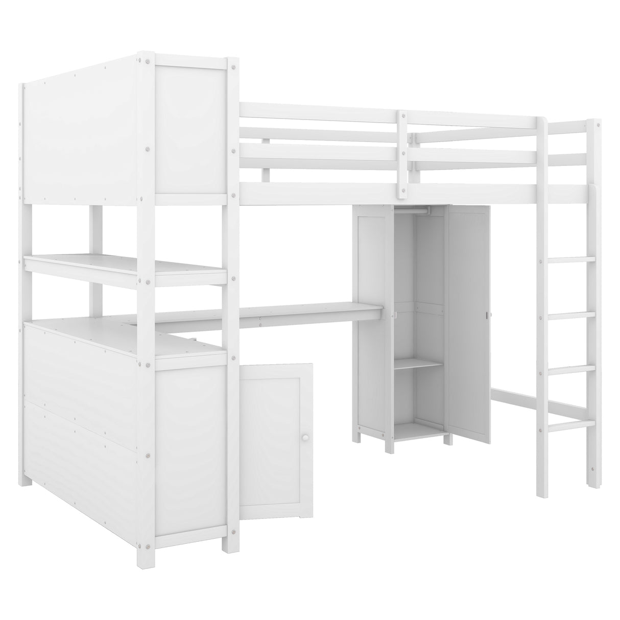 Wood Loft Bed with Cabinet and Bookshelf, Full Size Loft with Wardrobe and Desk for Kids,White - V.I.P Digital Presence