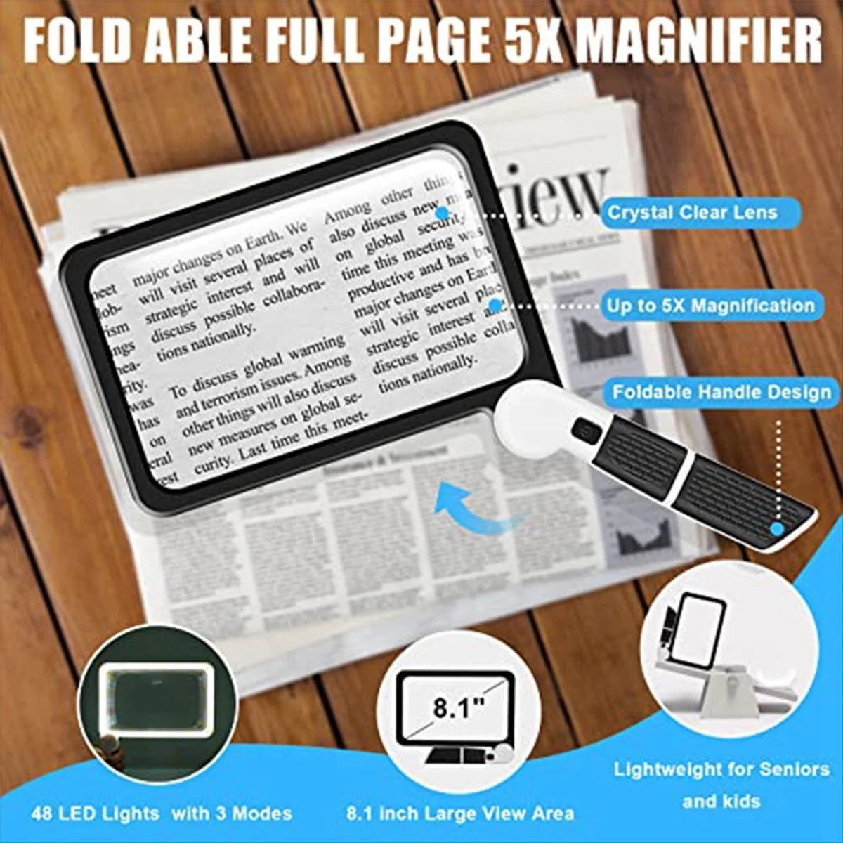 Full-Page 5X Magnifying Glass for Reading, Folding Lighted Magnifier with 48 LED Lights, Rectangular Handhold Magnifier - V.I.P Digital Presence
