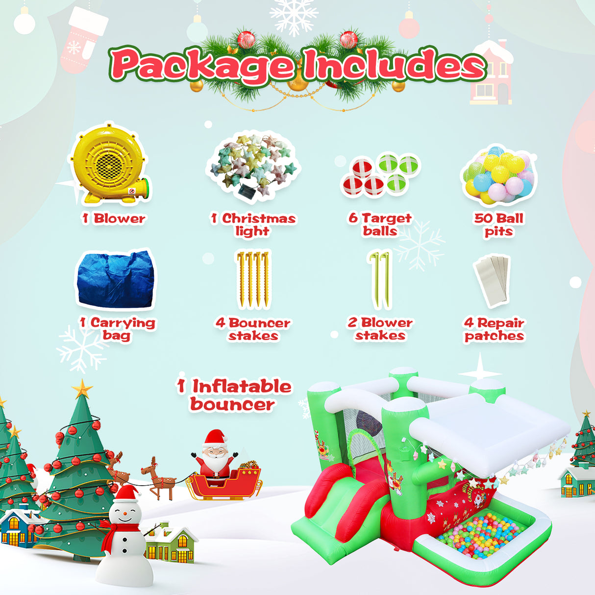 Christmas Jump 'n Slide Inflatable Bouncer for Kids Complete Setup with Blower - 80" x 91" Play Area - 55" Tall - V.I.P Digital Presence