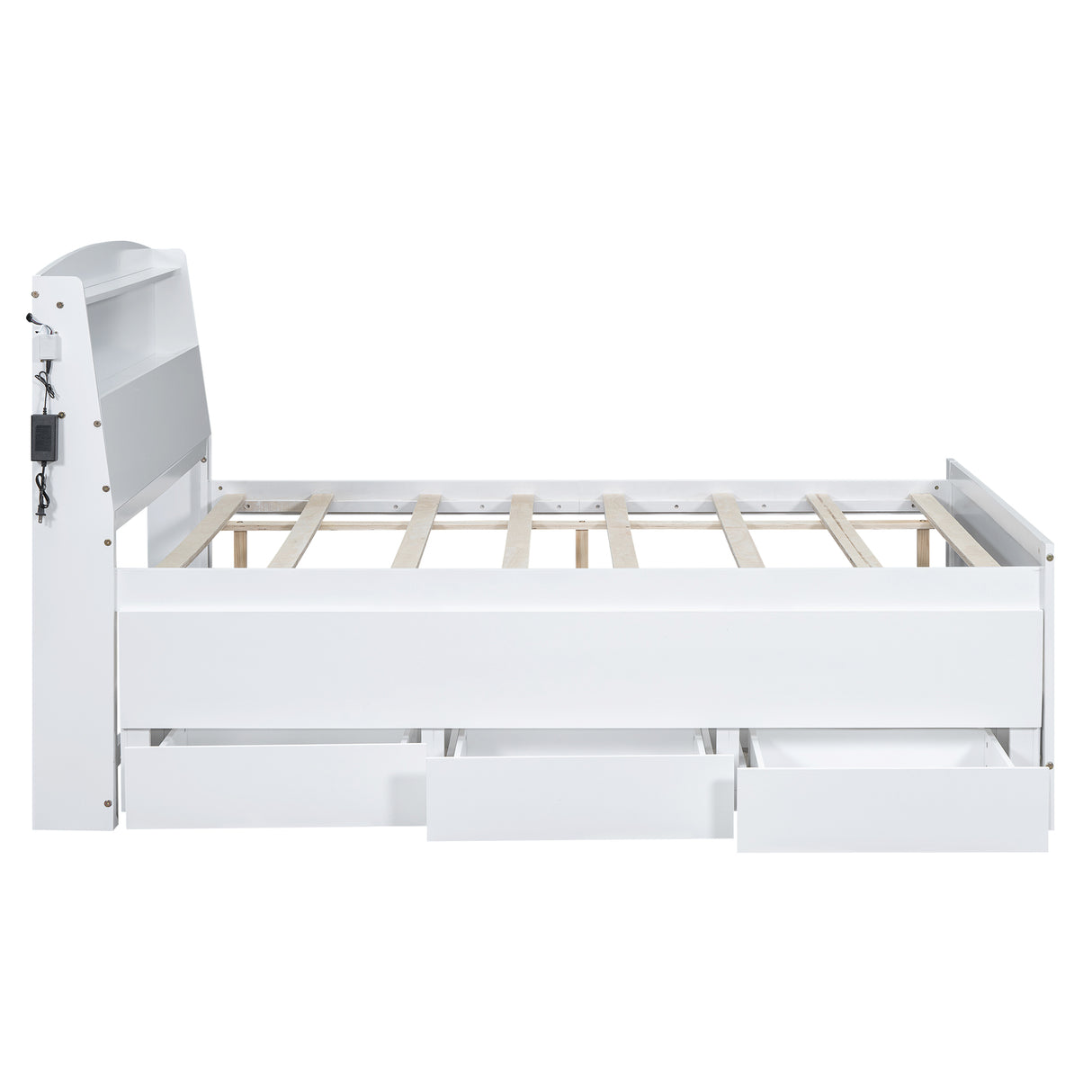 Full Size Platform Bed with Storage LED Headboard Twin Size Trundle and 3 Drawers White