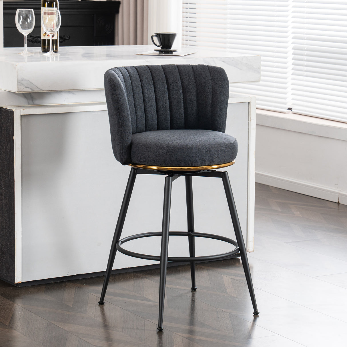A set of 2 gray rotating bar stools - high backrest, adjustable, with elegant metal backrest decoration - V.I.P Digital Presence