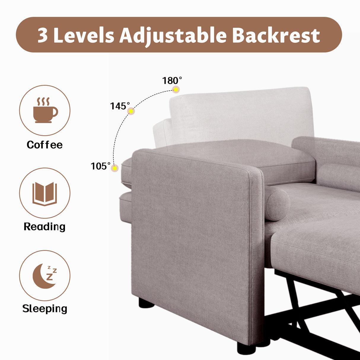 3 in 1 Convertible Sleeper Chair with Adjustable Backrest, Lounger Chair Turns Into Bed, Single Bed for Living Room, Linen, Tan - V.I.P Digital Presence