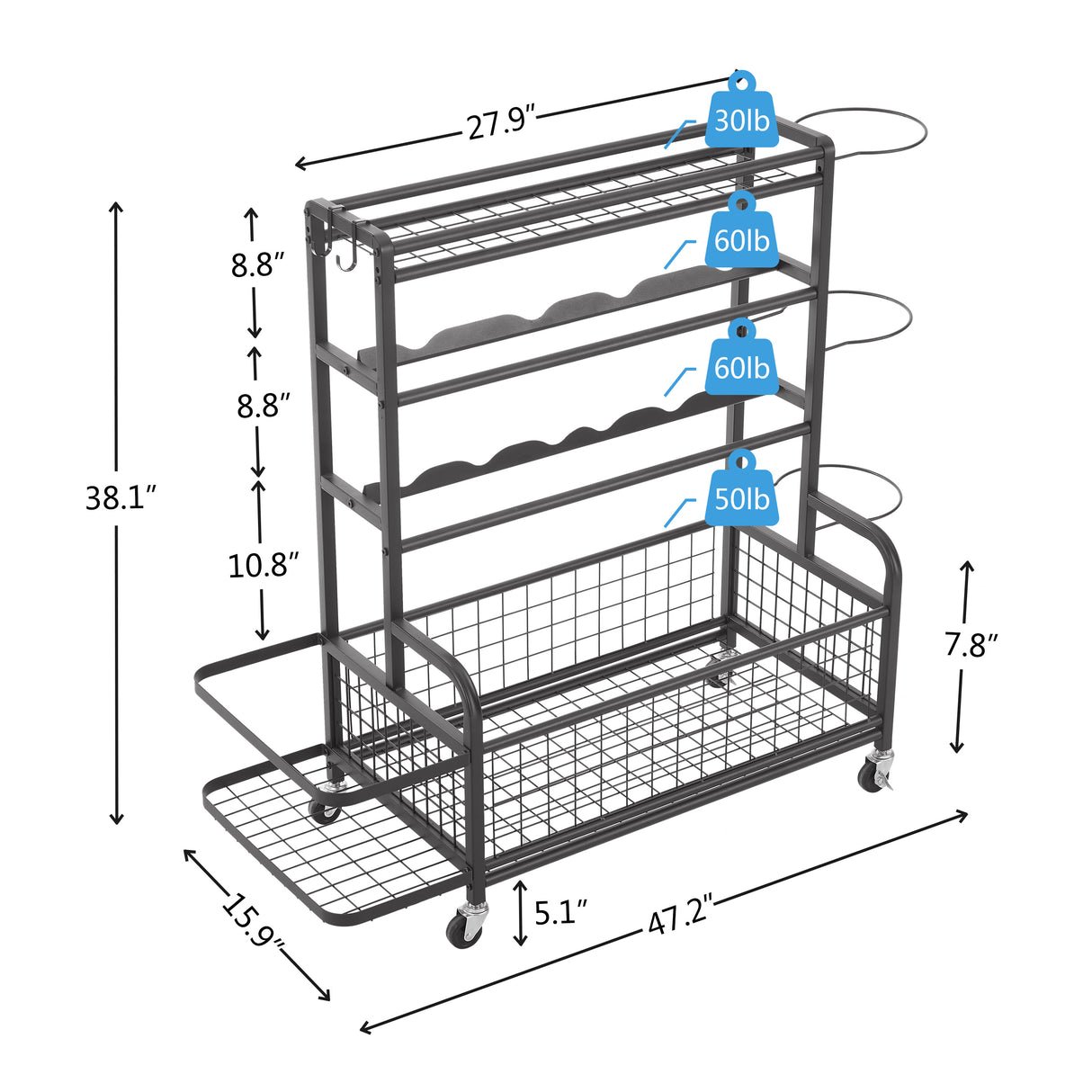 Four layer metal storage rack, large ball storage rack with rollers, baskets, and hooks - V.I.P Digital Presence