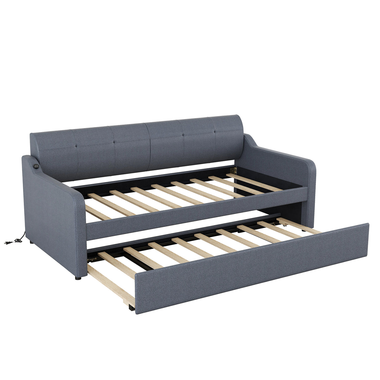 Twin Size Upholstery DayBed with Trundle and USB Charging Design Trundle can be flat or erected Gray - V.I.P Digital Presence