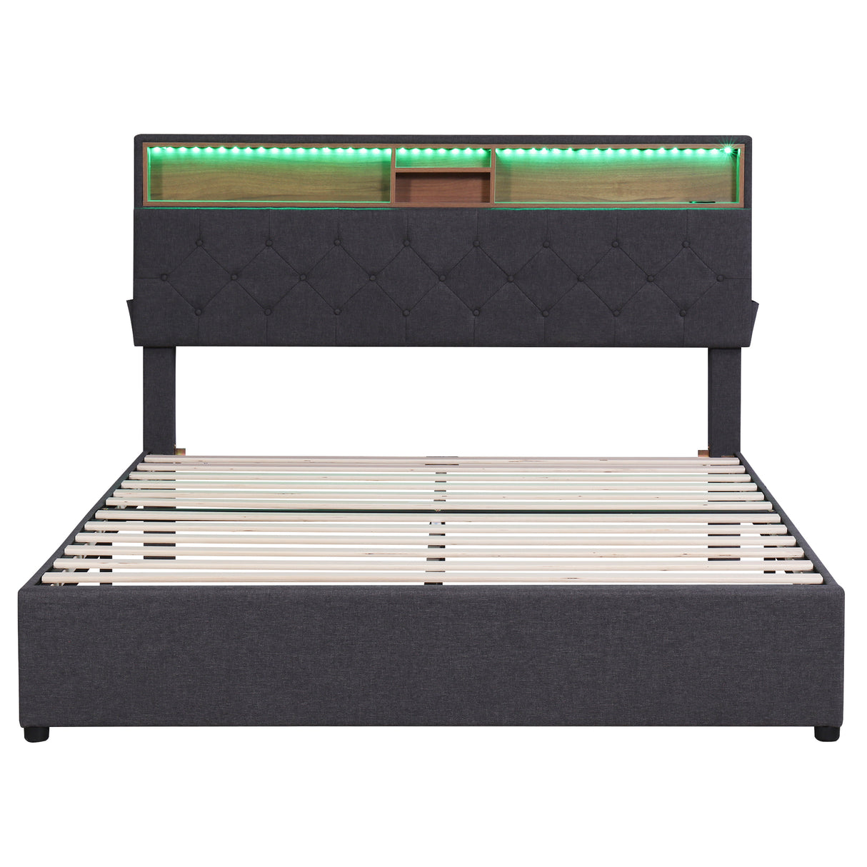 Queen Size Upholstered Platform Bed with Storage Headboard, LED, USB Charging and 2 Drawers Dark Gray
