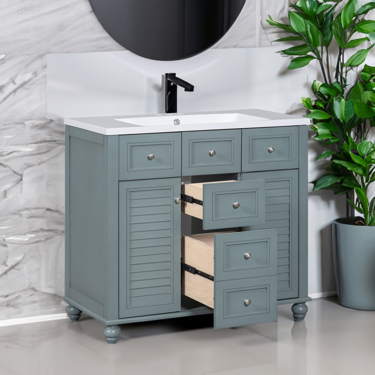 36 "bathroom makeup cabinet with resin sink combination and 2 drawers, with soft closing door, blue color - V.I.P Digital Presence