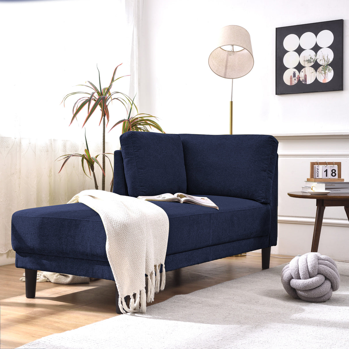 65" Mid-Century Modern Linen Fabric Corner Lounge Chair, Upholstered Indoor Chaise Lounge Solid Wood Sofa Bed for Bedroom - V.I.P Digital Presence