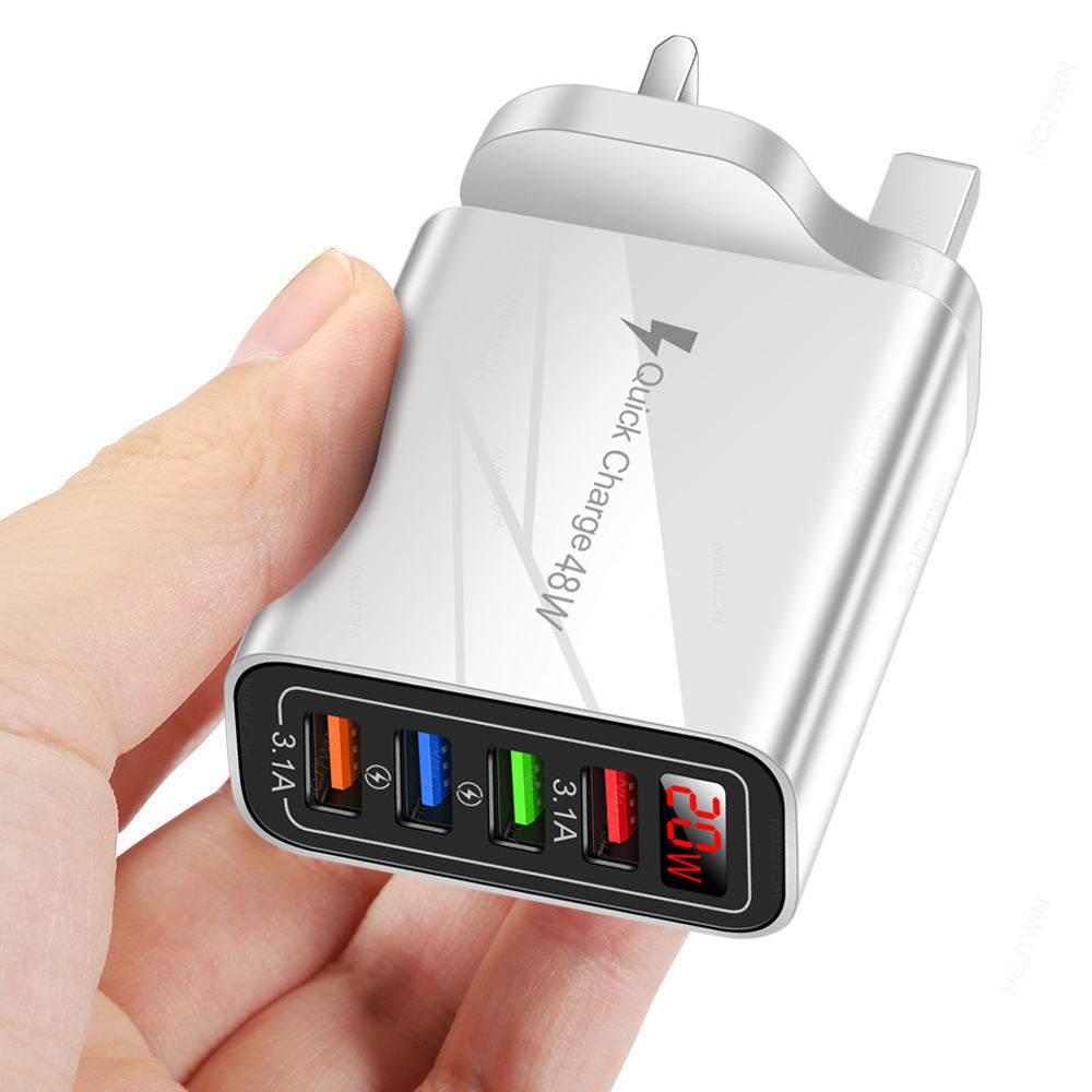 4 USB digital display mobile phone charger, European, American and British standard multi port charger with display screen - V.I.P Digital Presence