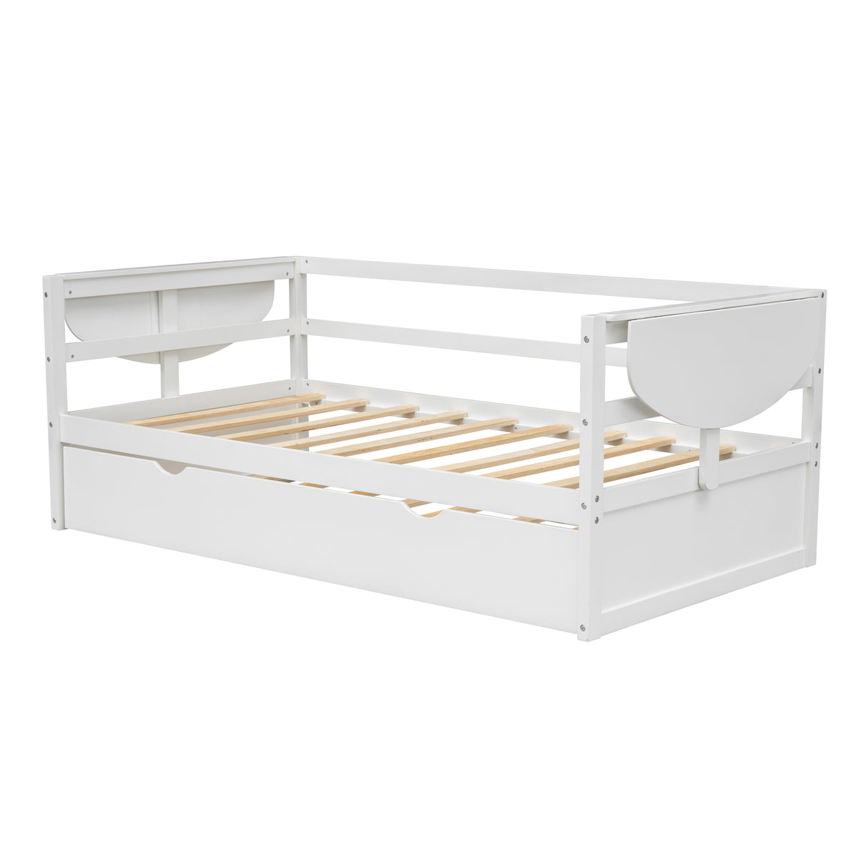 win Size Daybed with Trundle and Foldable Shelves on Both Sides White
