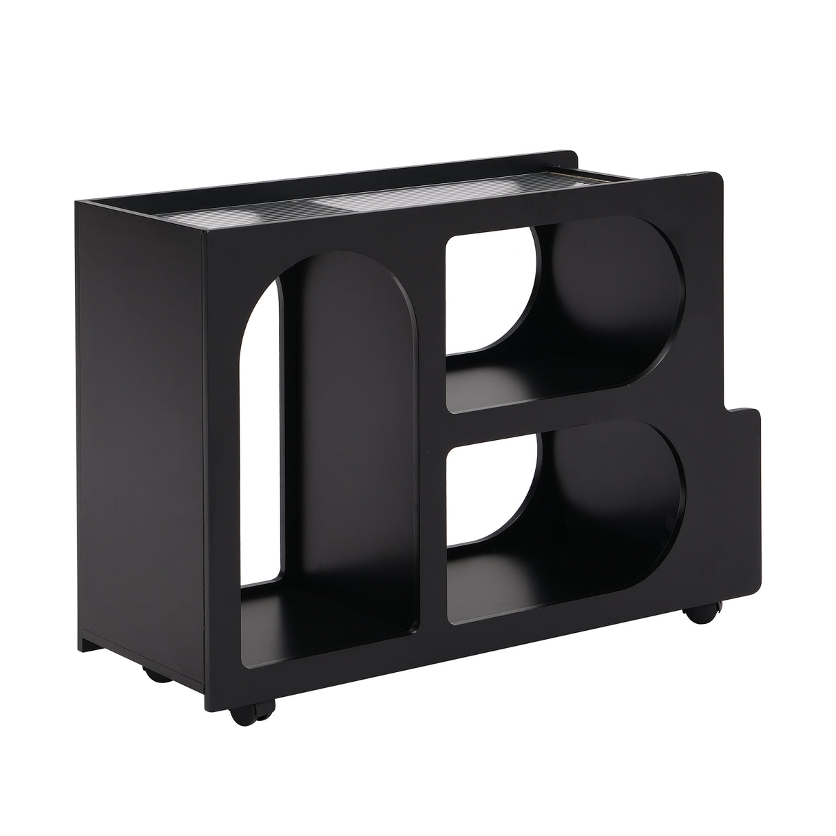 Stylish mobile desk with lockable wheels,bedside table with 5mm thick grooved tempered glass and gold round bars ,black - V.I.P Digital Presence