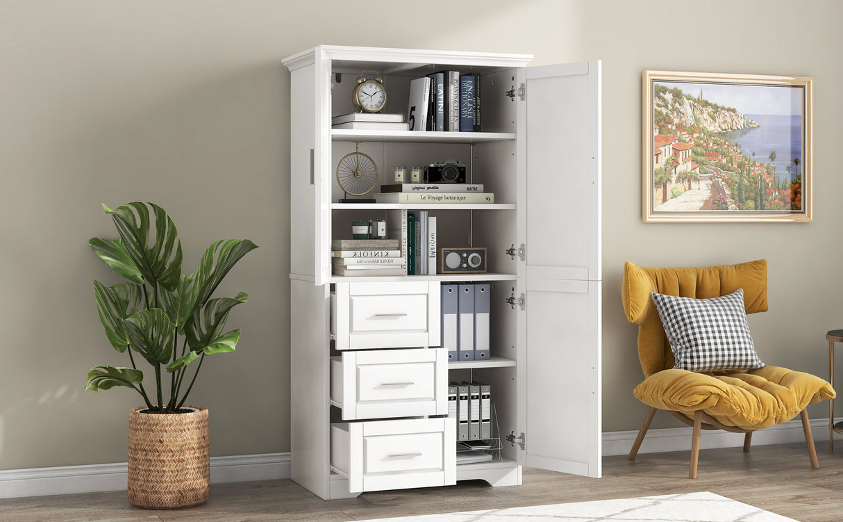 Tall and Wide Storage Cabinet with Doors for Bathroom/Office, Three Drawers, White - V.I.P Digital Presence