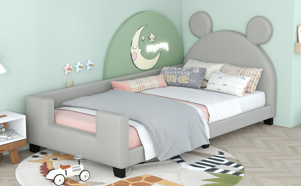 Twin Size Upholstered Daybed with Carton Ears Shaped Headboard Grey