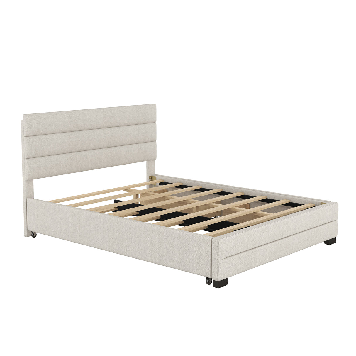 Queen Upholstered Platform Bed with Twin Size Trundle and Two Drawers Beige
