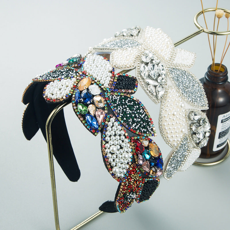 Headband Fashion Ball Rhinestone Pearl Leaf-Shaped Baroque Headband Exaggerated Wide-Brimmed Hair Accessories - V.I.P Digital Presence