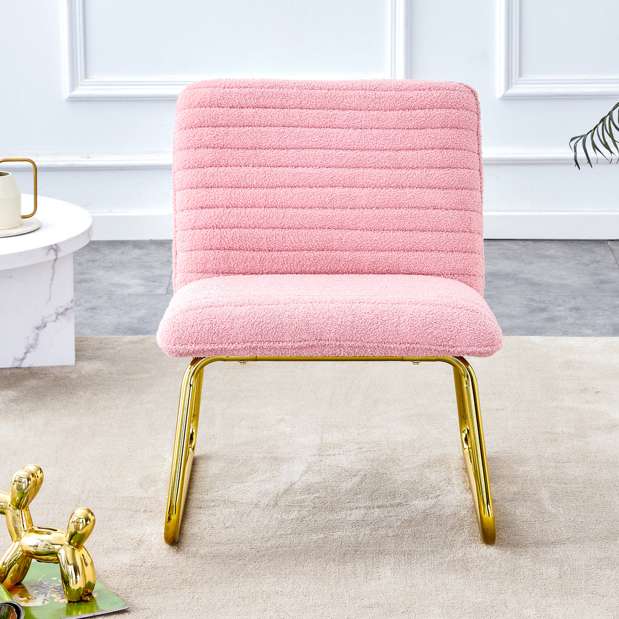 Modern minimalist pink plush fabric single person sofa chair with golden metal legs