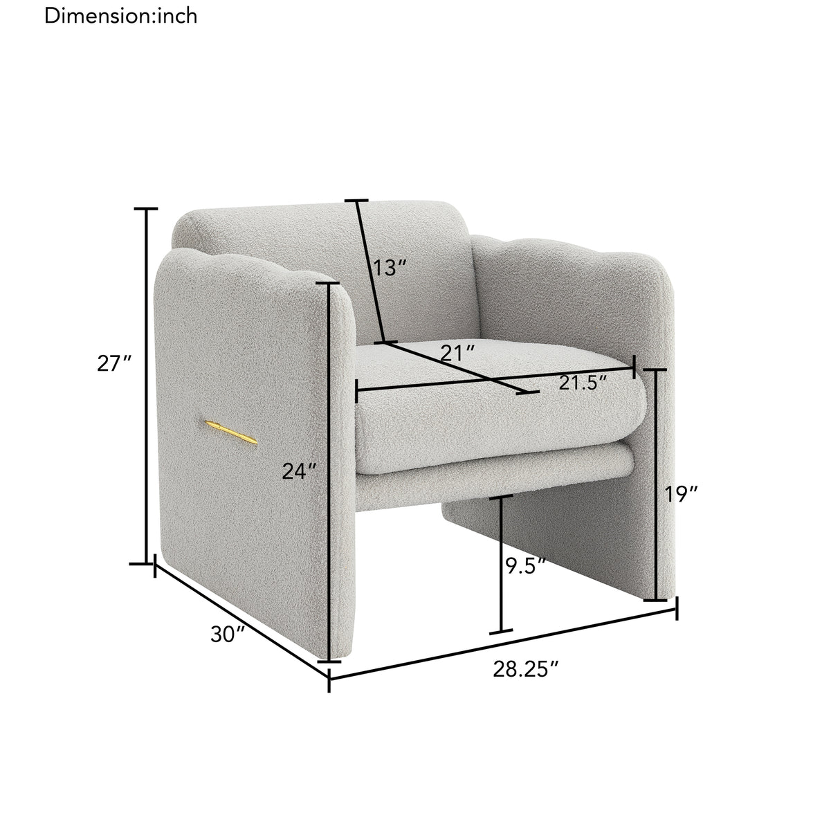 Armchair with wavy armrests, metal decorations on both sides of the armrests, made of Teddy cloth, light gray - V.I.P Digital Presence