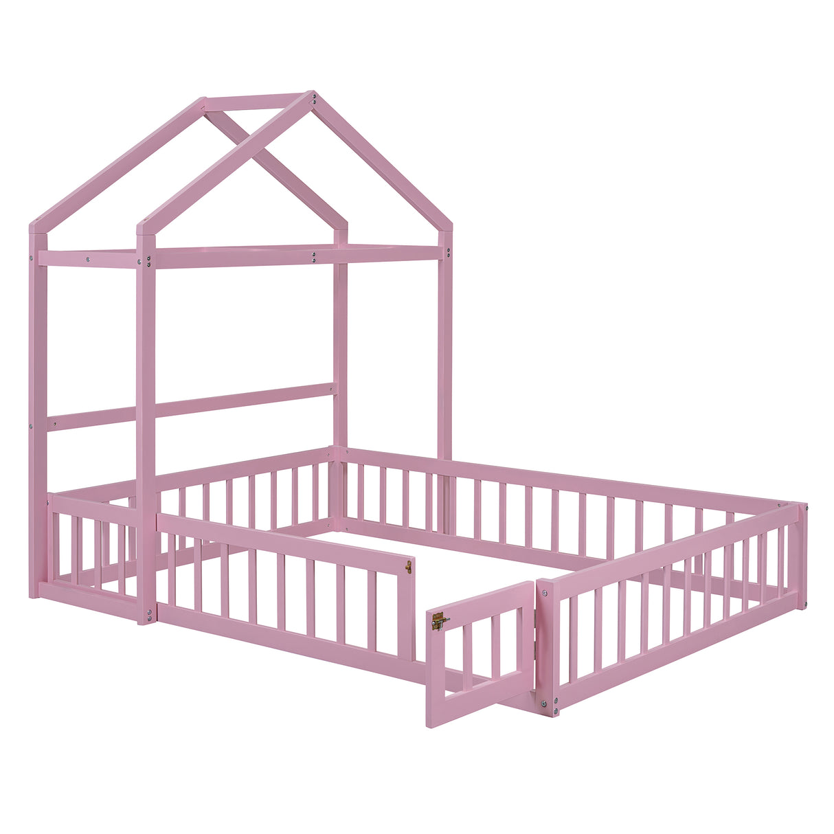 Wooden Full Size Children's Bed with Detachable Headboard and Integrated Clothes Drying Rack, Pink - V.I.P Digital Presence